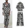 Watercolor Pattern Long Sleeves Lapel Suit Outwear 2664595 High Waist Vertical Straight-Leg Trousers 2662595