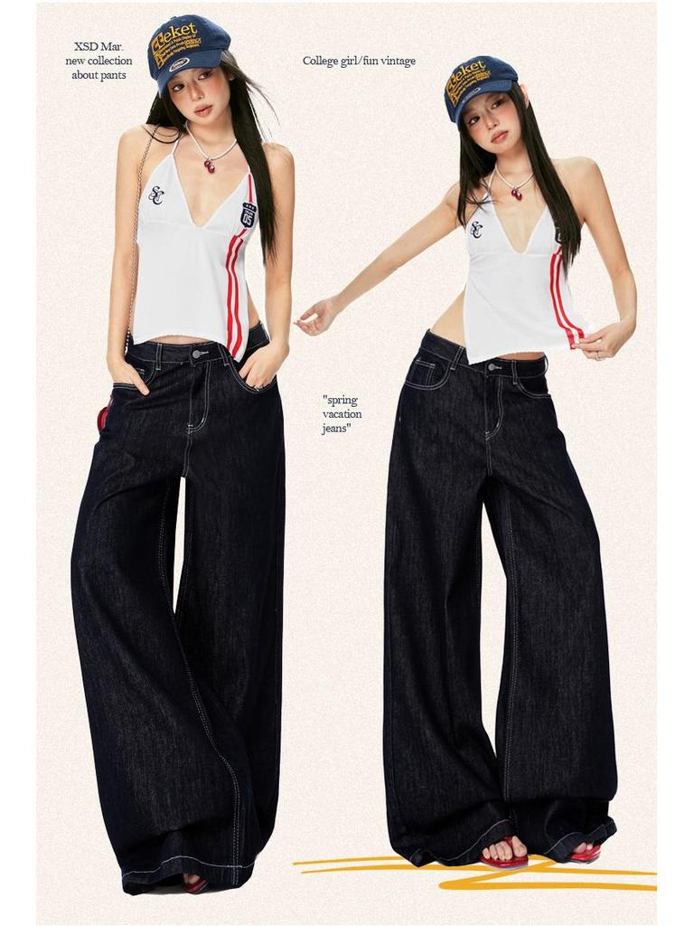 Spring 2026 Women's American Fashion Wide-Leg Jeans - Mid-Waist, Drapey, Slimming, Comfortable, Trendy, Floor-Length.