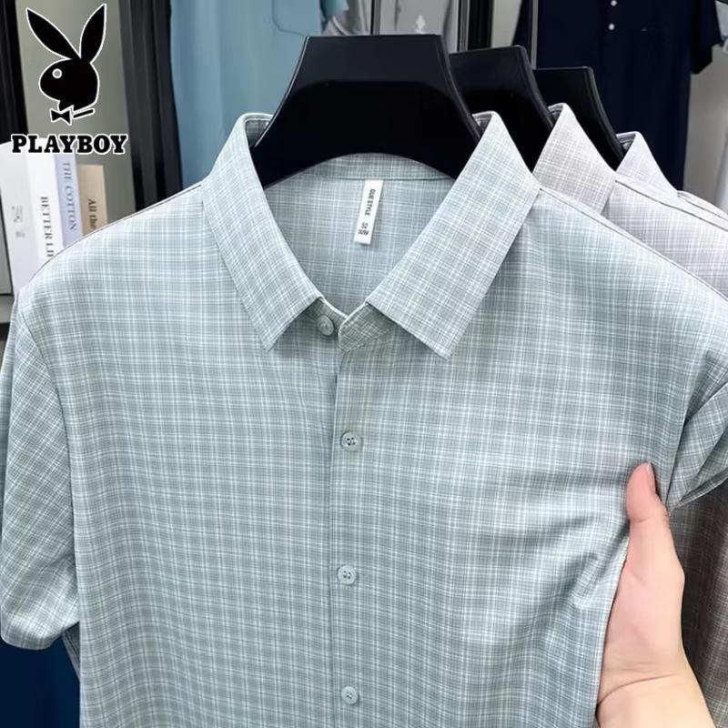

PLAYBOY Men s Summer Ice Silk Plaid Short Sleeve Shirt 58