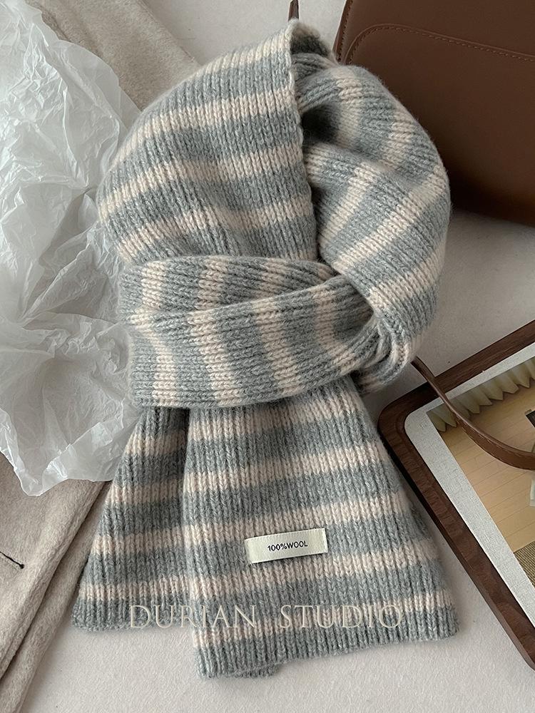 Зимний теплый полосатый шарф из 100% чистой шерсти, вязаный утеплитель для шеи в корейском стиле