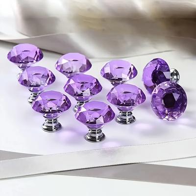 12pcs 30mm Crystal Glass Cabinet Knobs Dresser Drawer Pulls Purple Handles for Kitchen Wardrobe and Cupboard