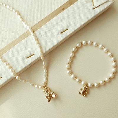 Colar Corrente Prata Pérola Água Doce Camadas Urso Fofo