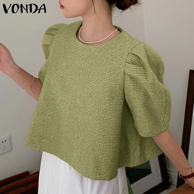 Women Summer Round Neck Puff Short Sleeve Blouses