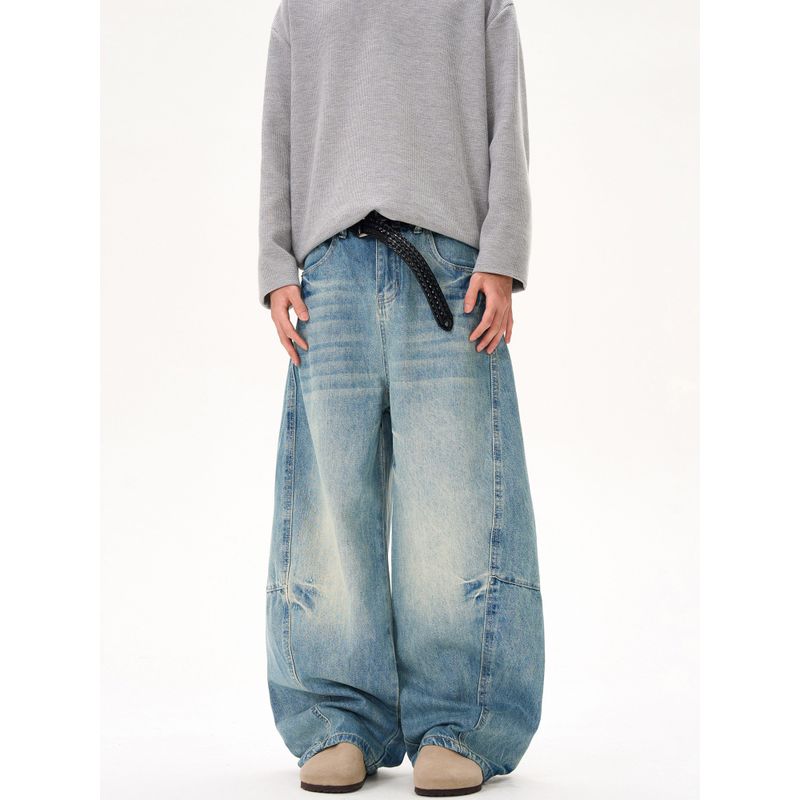 Kisko American Retro Washed Distressed Lightning Pattern Scimitar Jeans Unisex Trendy Loose Slimming Banana Pants