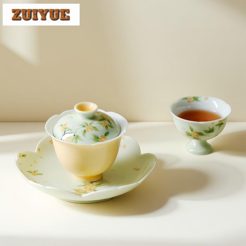 100ml Apricot Yellow Hand-painted Osmanthus Gaiwan Luxury Tea Tureen Tea Bowl With Lid Kit Tea Making Cover Bowl Teaware Gift