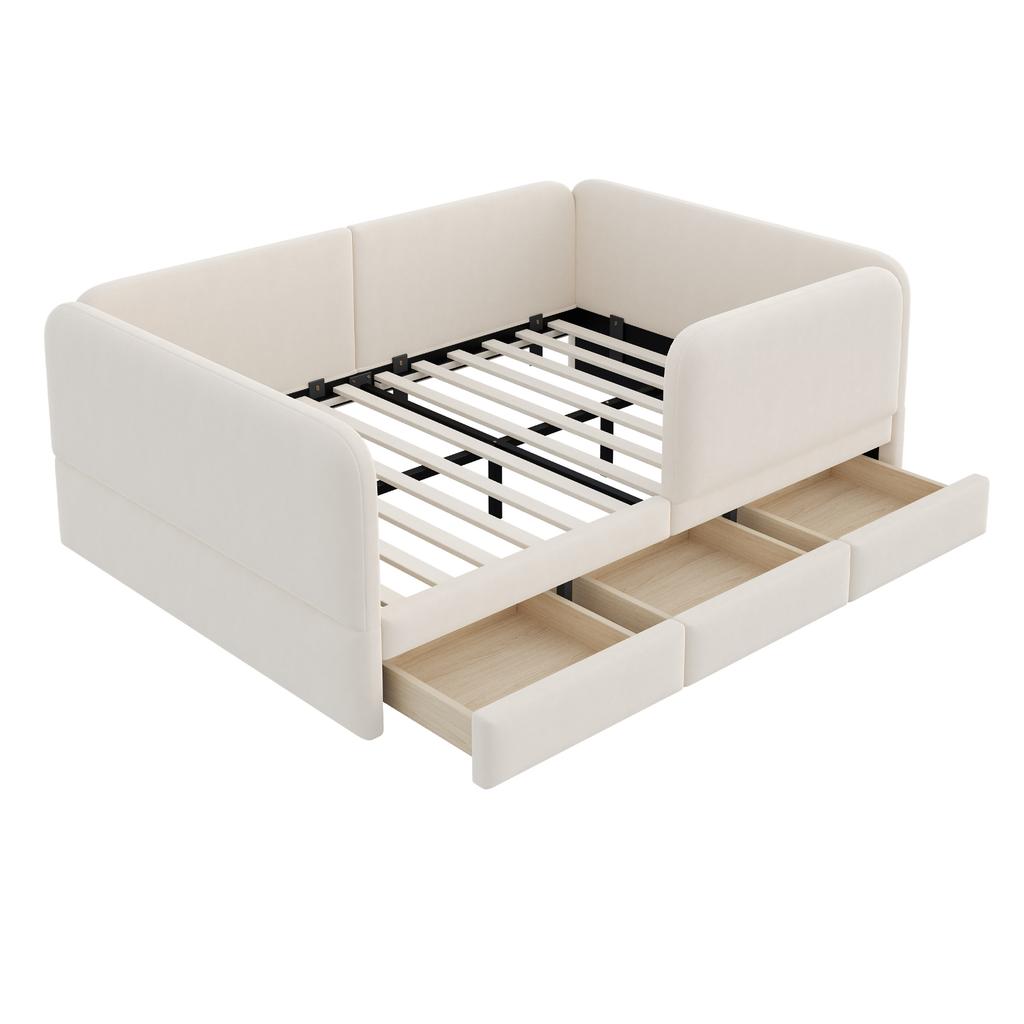 Letto imbottito per bambini 140 x 200 cm con protezione perimetrale e angoli arrotondati, con cassetto contenitore, tessuto in velluto beige (Senza materasso)