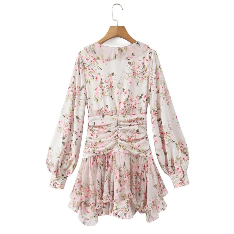House Style Romantic Floral Ruffle V-Neck Long Sleeve Slim Fit Mini Dress
