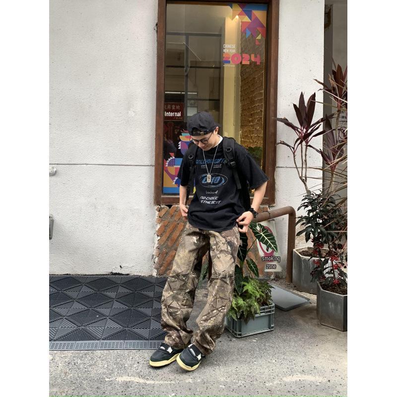 Unisex Retro Camouflage Distressed Work Pants - Straight Leg, Loose-Fit Outdoor Casual Wear