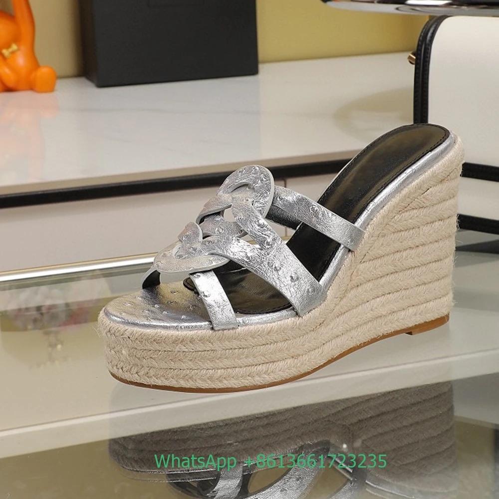 Fashion Cross Strap Leather Silp On Women Sandals Wedges Open Toe High Heels Espadrilles 2025 Summer Newest Fashion Platform Slippers