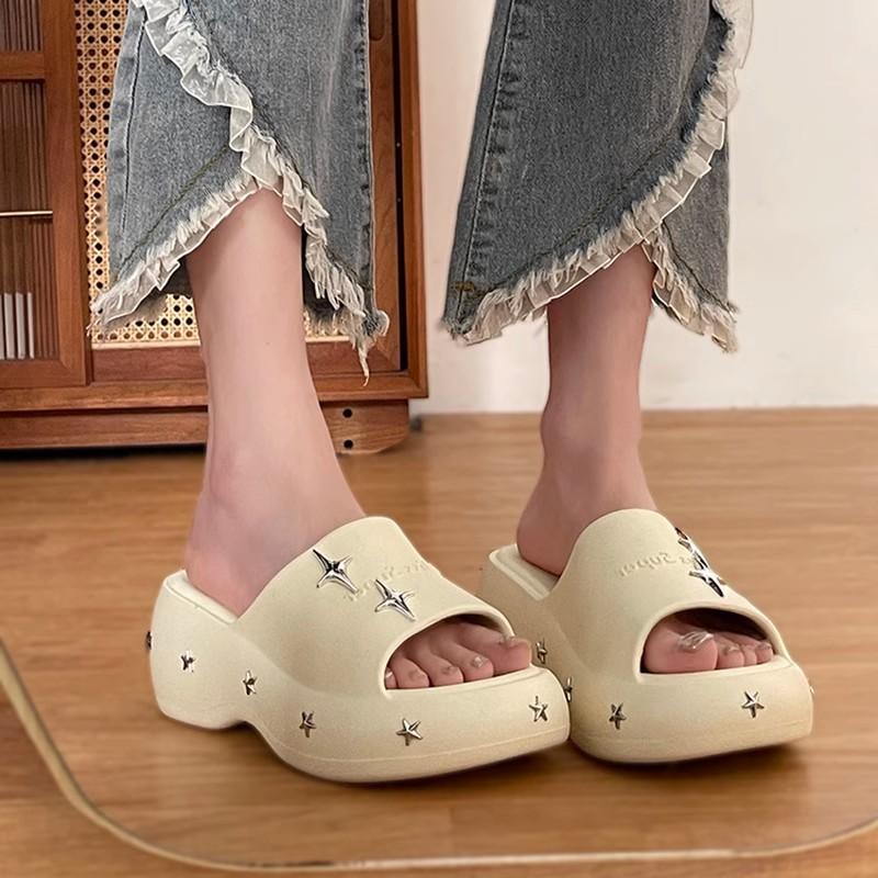 Fashion thick-soled one-pedal slippers 2025 summer height increase wear-resistant simple beach fashion shit-stepping casual sandals