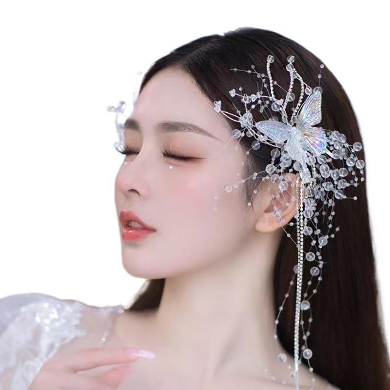 European and American rhinestone handcrafted crown with butterfly fringes and pearl-tipped hairband for wedding hair accessory,