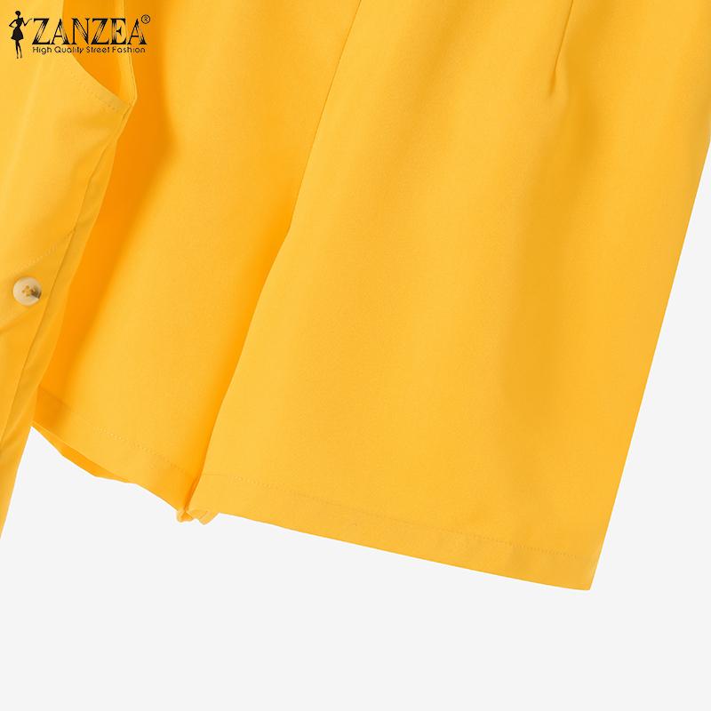 ZANZEA Ensemble deux pièces pour femmes, col rond, sans manches, poches à boutons, couleur unie, hauts et shorts amples, été