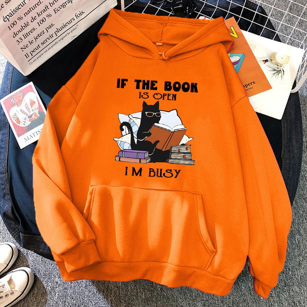 If The Book Is Open I'm Busy Black Cat Hoody Women Casual Crewneck Hoodies Fashion Loose Clothes Fleece Pullover Sweatshirt