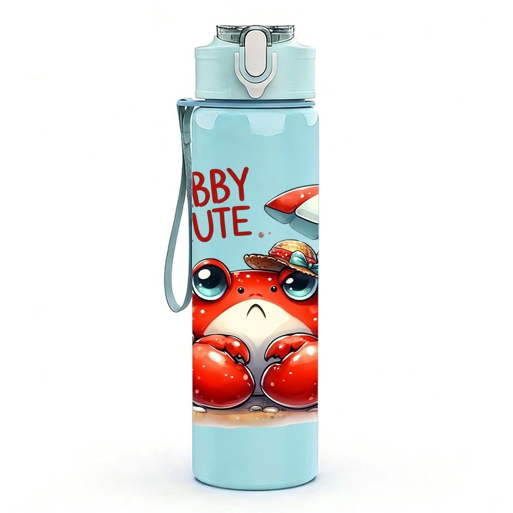 1PC Crab Seafood Summer Cartoon Print 750ml Color Plastic Sports Water Bottle Leakproof Flip Straw Lid Suitable for Sports Office Home Use