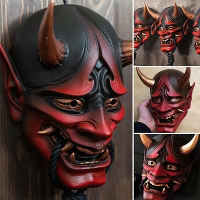 New Halloween Product: Japanese-style Red Hannya Mask with Bite Rope, Tengu Mask, Cosplay Festival Party Face Mask
