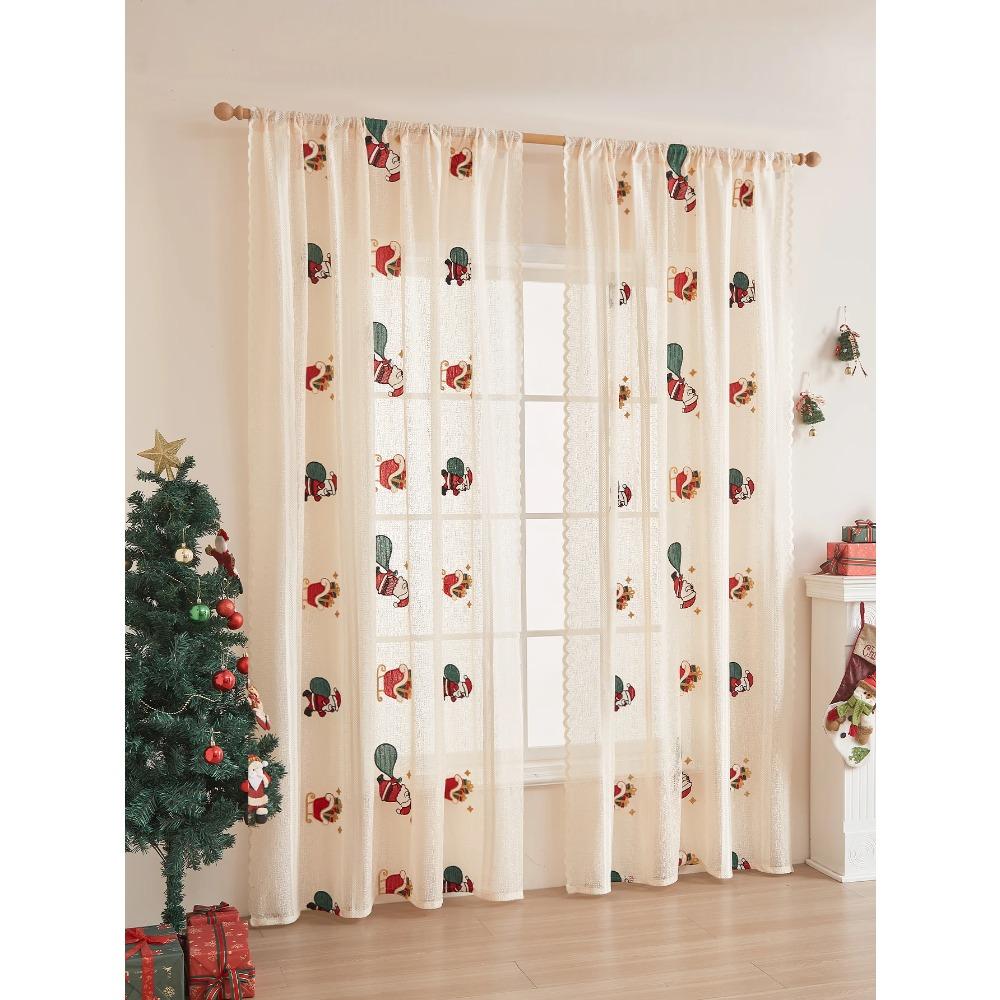 Khaki vyšívané závěsy s motivem Santa Clause, závěsy pro párty a sváteční atmosféru
