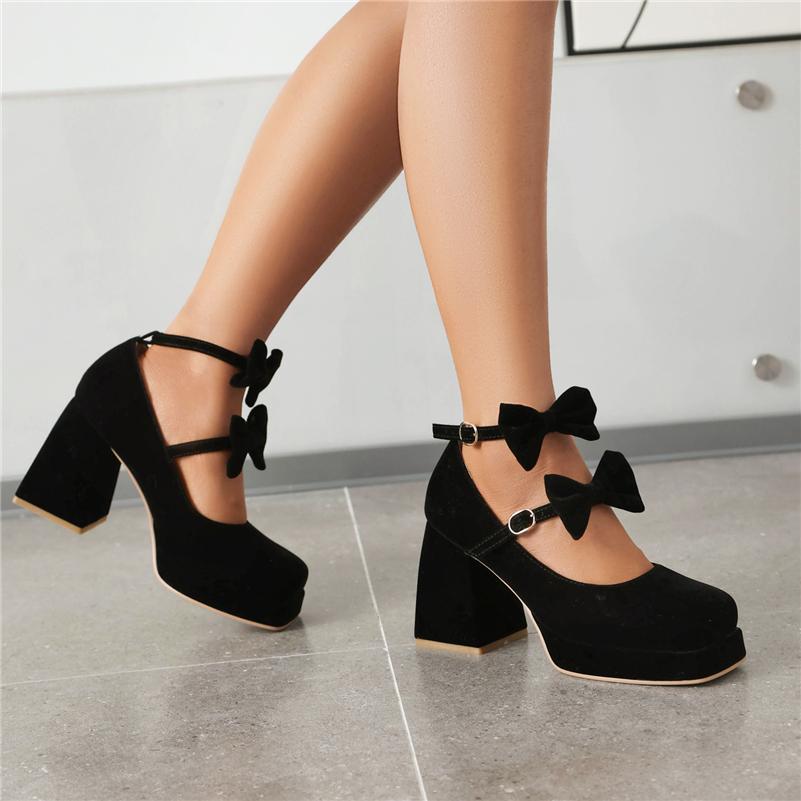 Women Mary Janes Pumps Square Toe Thick High Heels Platform Buckle Bow Glove Shoes Ladies Fashion Shoes Spring Autumn 46