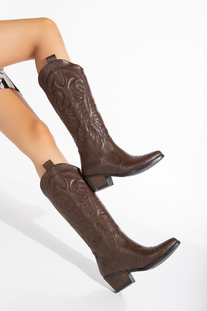 Women Modern Stylish Fashion Boots Boots Faux Leather Suede Beige Cream Nude Matte Suede Embroidered Embossed Western Cowboy Boots Boots