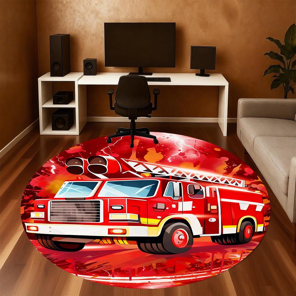1PC Firetruck Lightning Round Chair Mat Area Rug - Non-Slip, Floor Mat for Office, Bedroom, and Indoor Decor -Gift D1127203