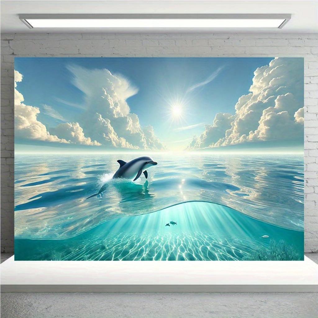 2D plane dolphin drifting background fabric with leaping dolphins and turquoise water area party decorations polyester fiber