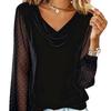 New Women's Solid V-Neck Mesh Long Sleeve T-Shirt with Rhinestones