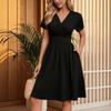 Women's Dress Is Elegant And Casual, A Solid-color V-neck Short-sleeved Dress