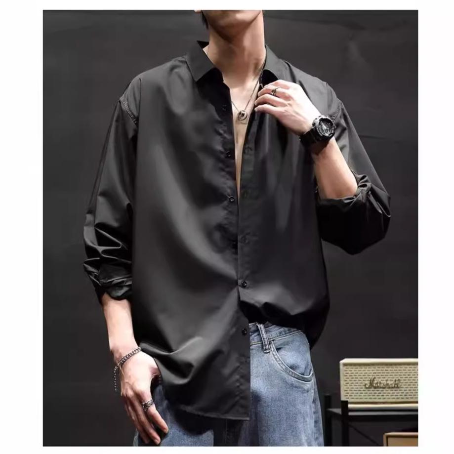 White Long-Sleeve Retro Loose-Fit Anti-Wrinkle Shirt
