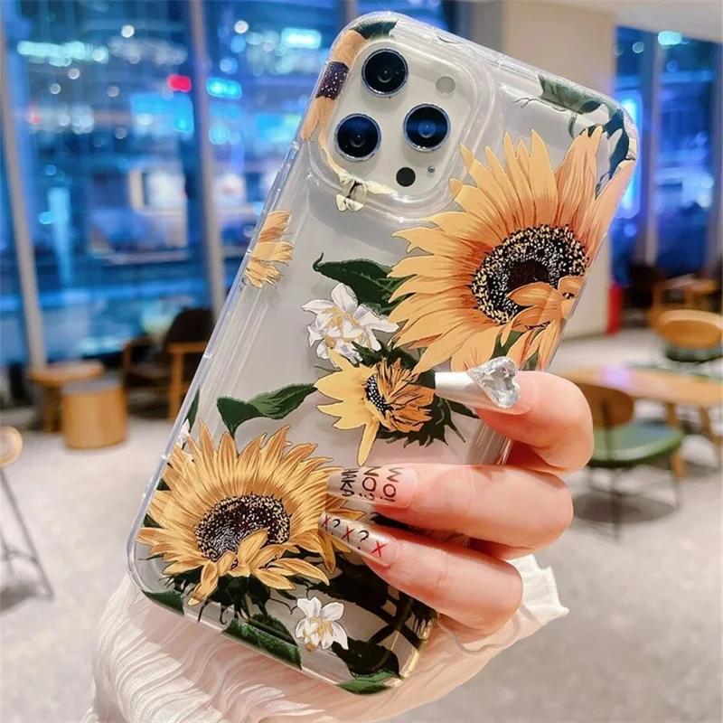 Floral Flower Sunflower Painted Clear Phone Case For iPhone 14 11 15 Pro Max 12 13 XR X XS SE  7 8 Plus Cases Airbag Cover