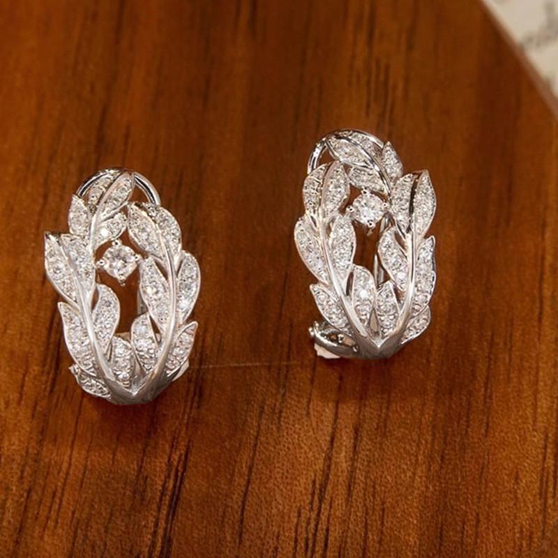 925 Sterling Silver Leaf Earrings for Women Full Dazzling Crystal Cubic Zirconia Fashionable Hoop Earrings Wedding Trend Jewelry