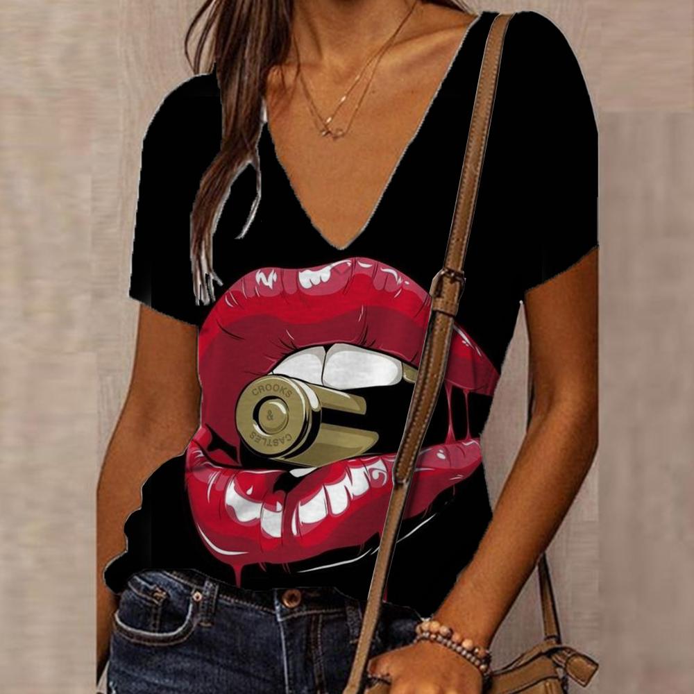 

Женская футболка с V-образным вырезом и короткими рукавами, одежда с принтом сексуальных губ, Харадзюку, ретро, свободного кроя, дизайнерская модель 4XL