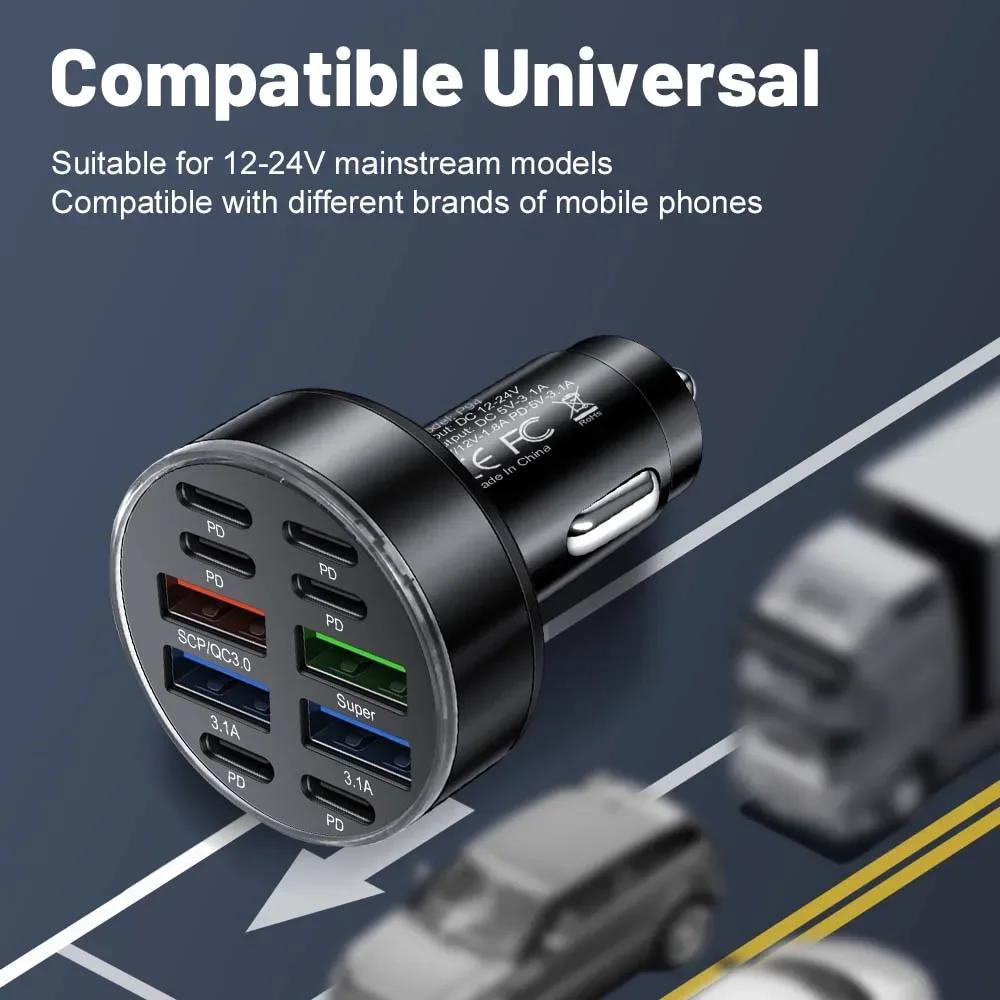 350W 10 Ports Car Charger Fast Charging PD QC3.0 USB C Car Phone Charger Type C Adapter in Car For iPhone Samsung Huawei Xiaomi
