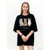 Oversized T Shirt Black Three Cats Print Tool Series Mirror Casual Self Text Graphic Tee Women Casual Wear Streetwear Fashion