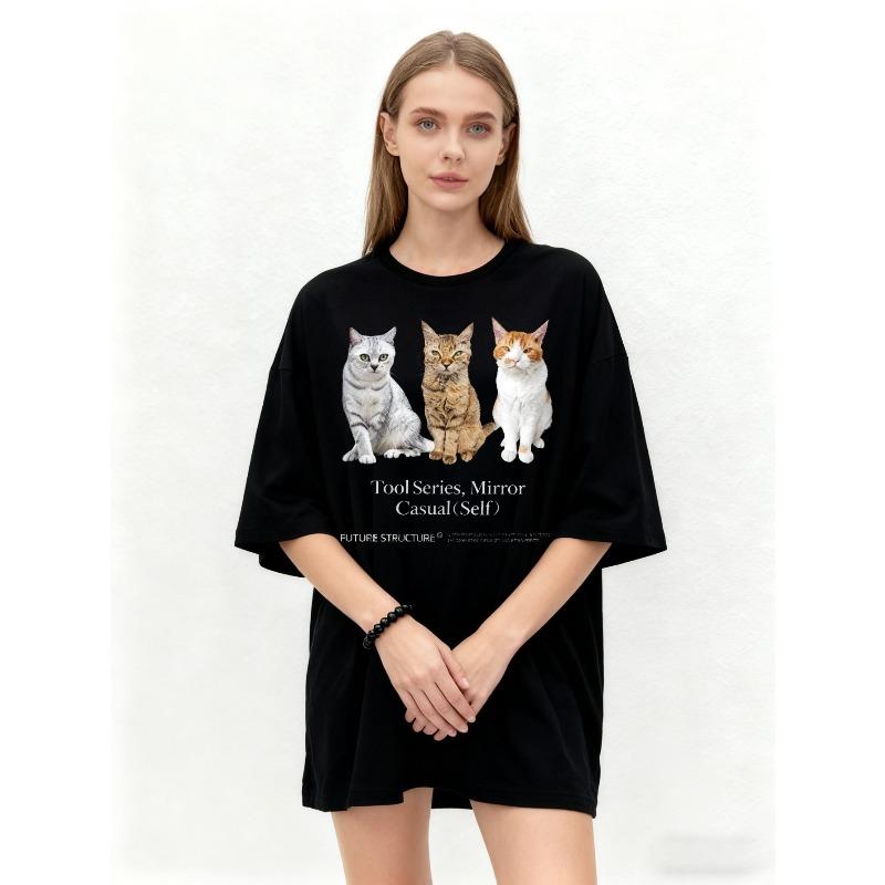 Oversized T Shirt Black Three Cats Print Tool Series Mirror Casual Self Text Graphic Tee Women Casual Wear Streetwear Fashion