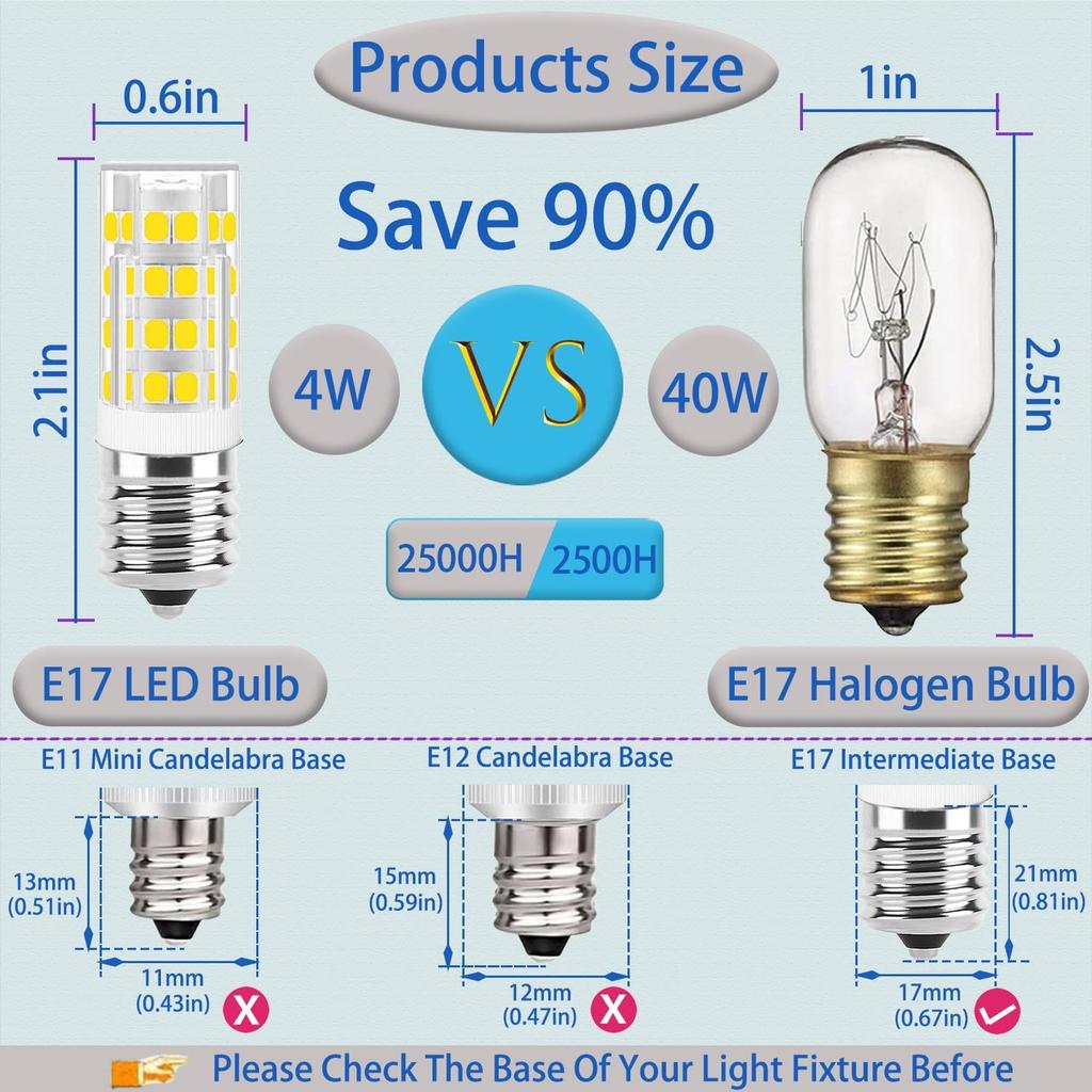 E17 LED Bulb Dimmable,E17 Intermediate Base,T7 4W 40W Incandescent Equivalent,Daylight White 6000K,Fit for Over Stove Appliance, Range Hood,