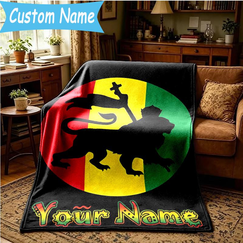 Custom Name Ethiopian Flag Lion Stars Blanket Flannel Blanket for Camping, Hiking, Garden Parties, Picnic Essentials,gift for family and friend