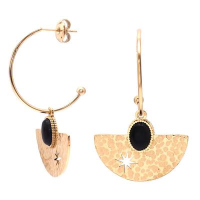 [Q8580] - Designer Steel Hoop Earrings 'Cleapatra' Black Gold - 25 Mm - Pattern 27x18 Mm