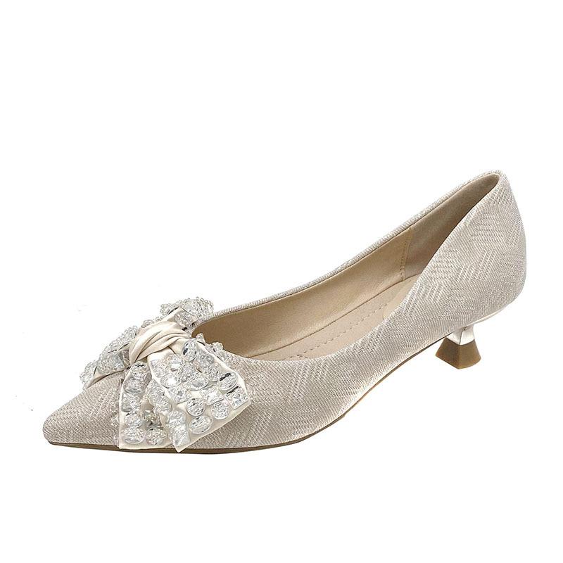 Fashion Crystal Rivets Bowknot High Heels Shoes Woman Pointed Toe Sequines Cloth Pumps Thin Heel Tacones De Mujer Bowknot Wedding Shoes