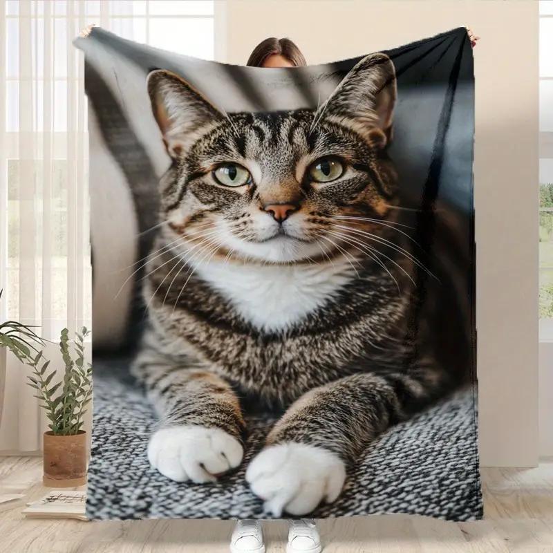 Cozy tabby cat pattern flannel blanket suitable for sofa, bed, office, travel, camping, Christmas holiday gift decoration