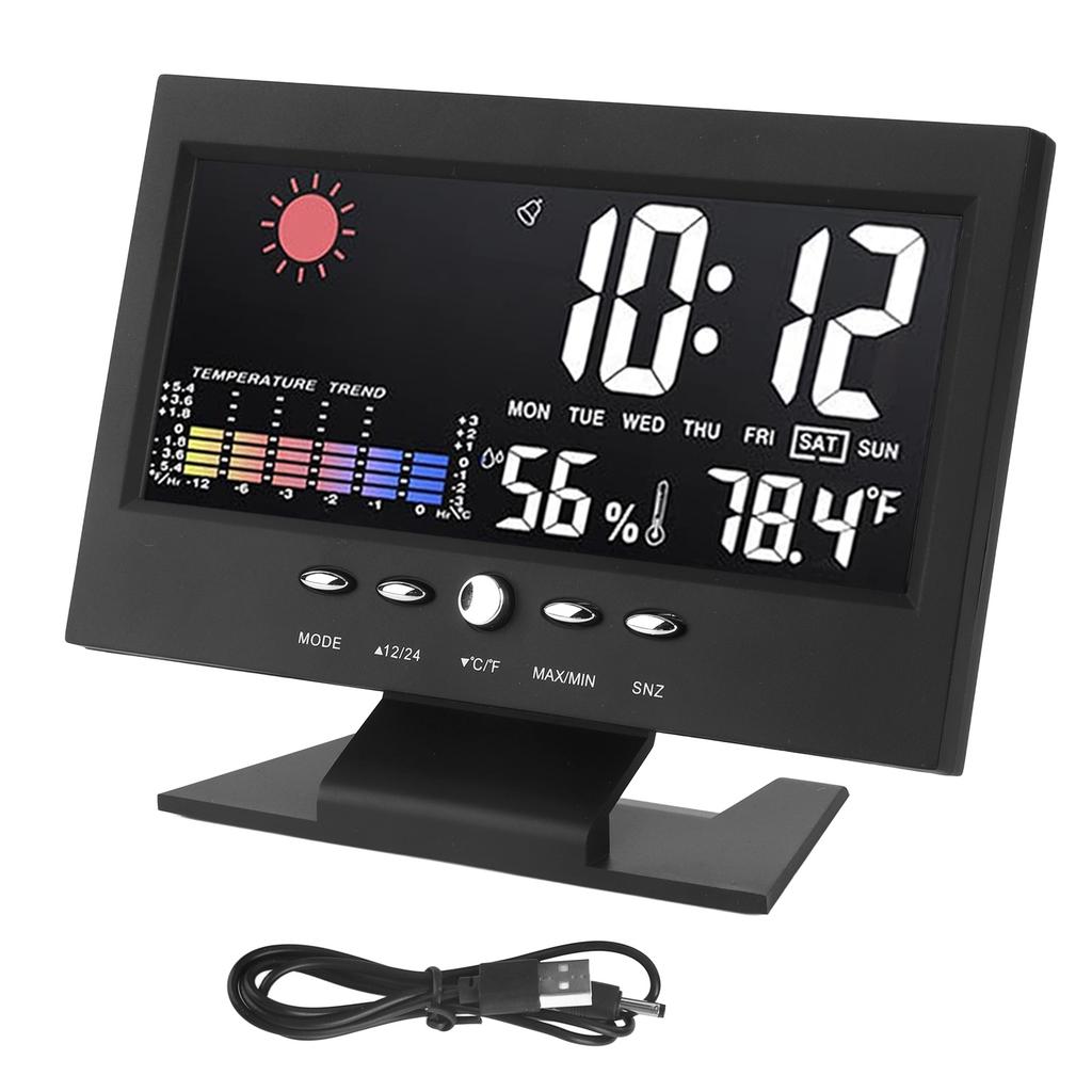 Weather Forecast Clock ABS LED Color Screen Multifunctional Temperature Humidity Alarm Clock Black