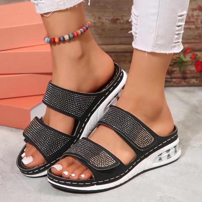Women's Platform Slides, Rhinestone Single Strap Sandals, Air Cushioned Wedge Heel Slippers for Women