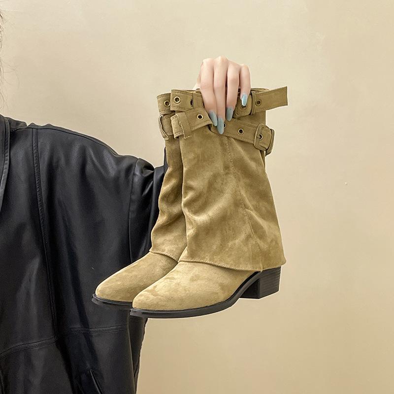 Design Sense American Leather Boots Spice Girl Willow Spike Knight Boots Women's Autumn and Winter Fashion Retro Belt Buckle Thick Heel Pile Boots