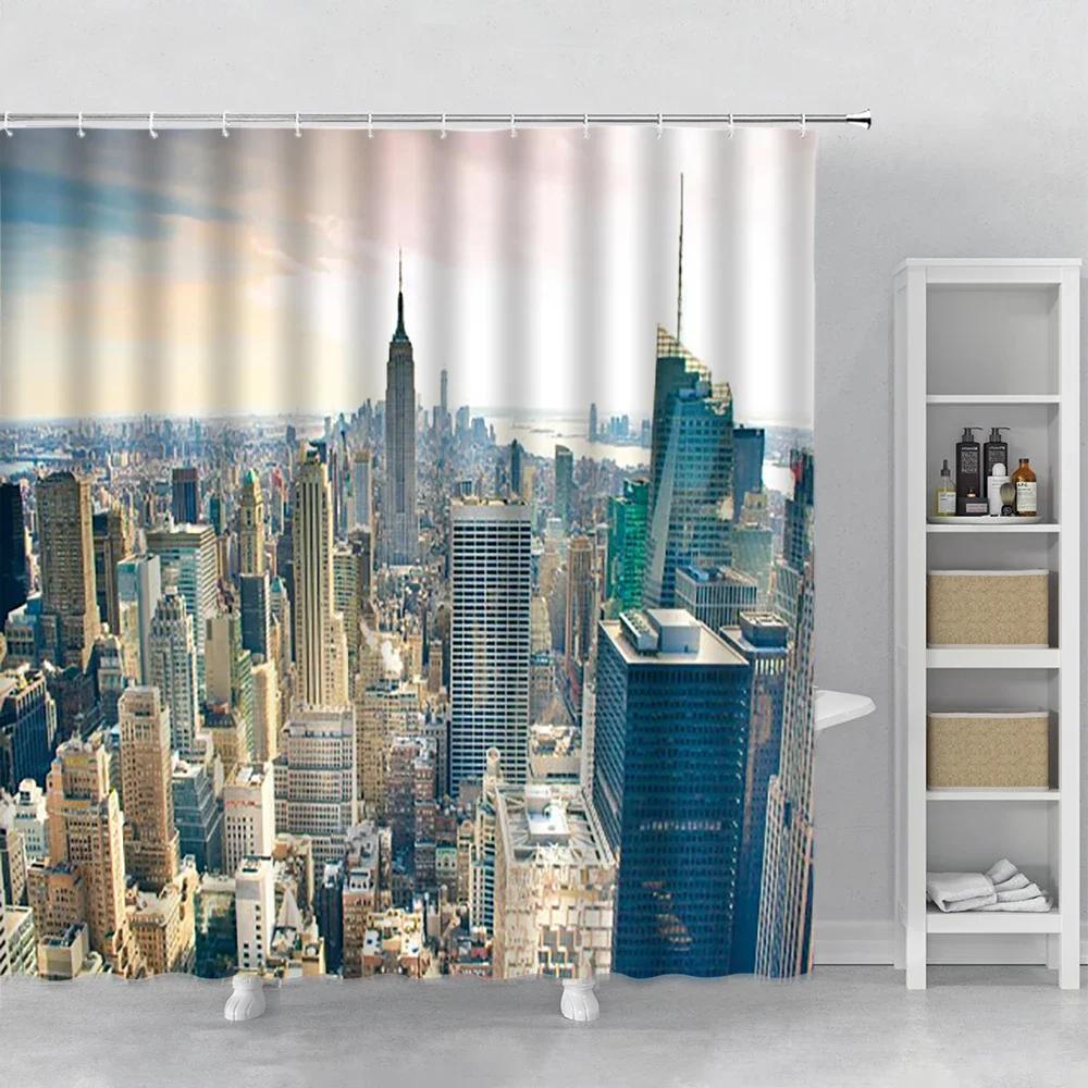 Landscape Shower Curtain New York City Night Scenery Waterproof Bath Curtain Set Polyester With Hook Bathroom Supplies Decorate