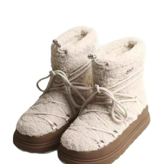 Thick-soled White Snow Boots, Small Warm and Piled Thickened Northeast Cotton Shoes 2025 Strap Design Fluffy Shoes for Women