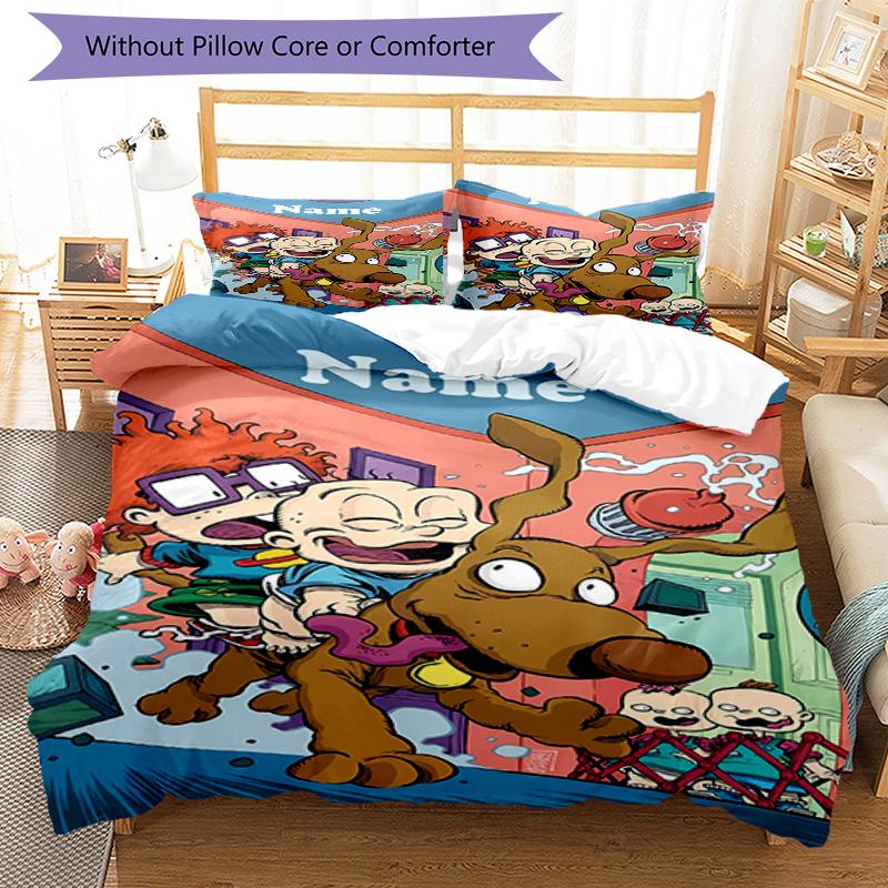 3ks Personalizovaný set povlečení Rugrats s vlastním jménem Uzavírání na zip Zahrnuje 1 povlak na přikrývku & 2 povlaky na polštář, Měkký a pohodlný pro všechna roční období.