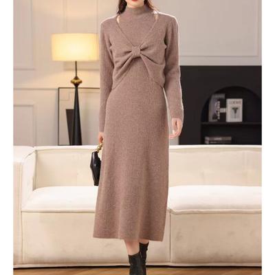 Suit Women's Winter New Semi-turtleneck Bow Bottom Vest Dress Knitted Sweater Two-piece Set