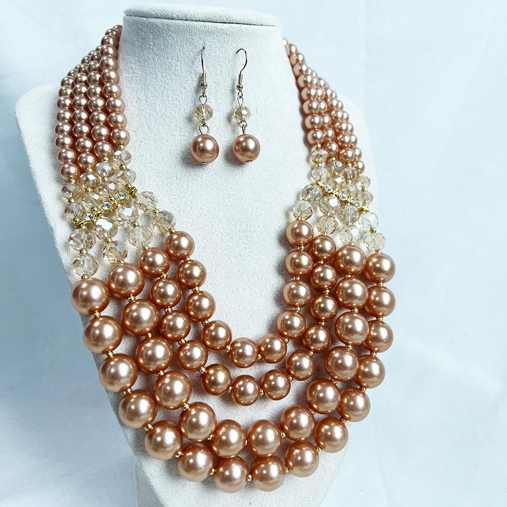 Multi-layer Handmade Imitation Pearl Crystal Beaded Necklace Earring Jewelry Set for Women Party Accessories