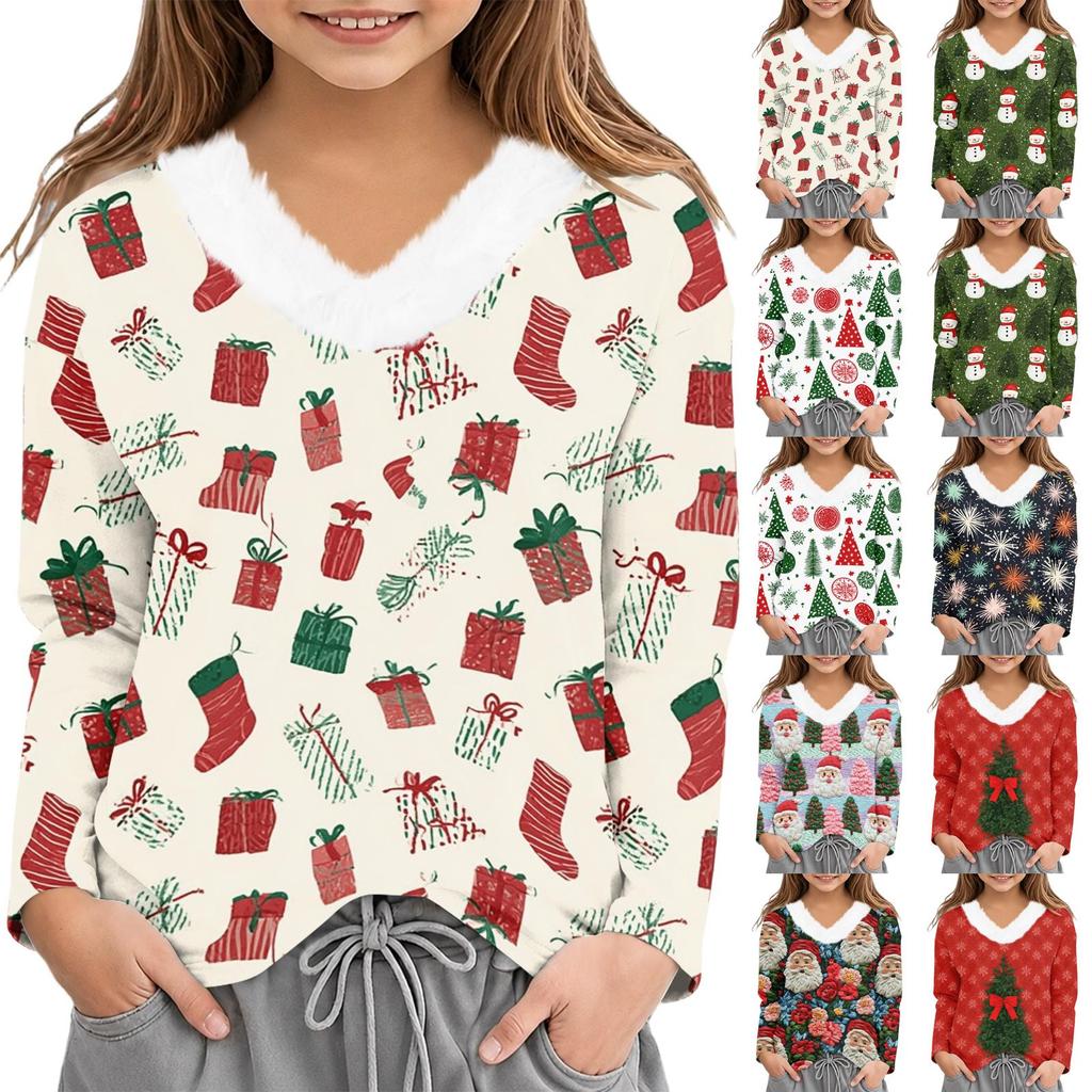 Girls' V-Neck Christmas Print Long Sleeve Top Winter Layering Tee