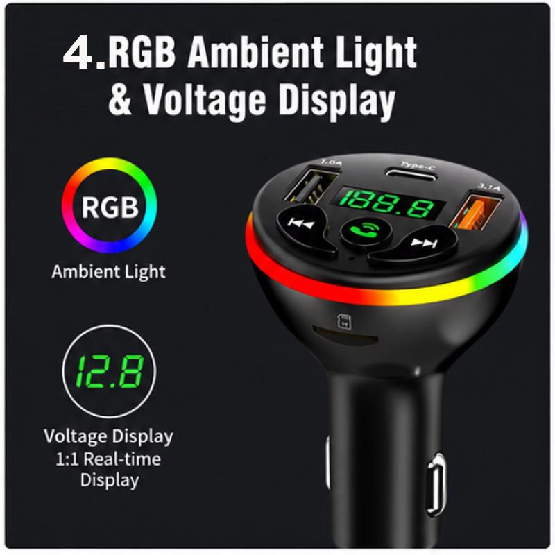 Bluetooth 5.0 FM Transmitter Car Charger 66W 3 Ports Fast Charging Car MP3 Player Handsfree Call RGB Light TF U Disk Car Voltage Detector