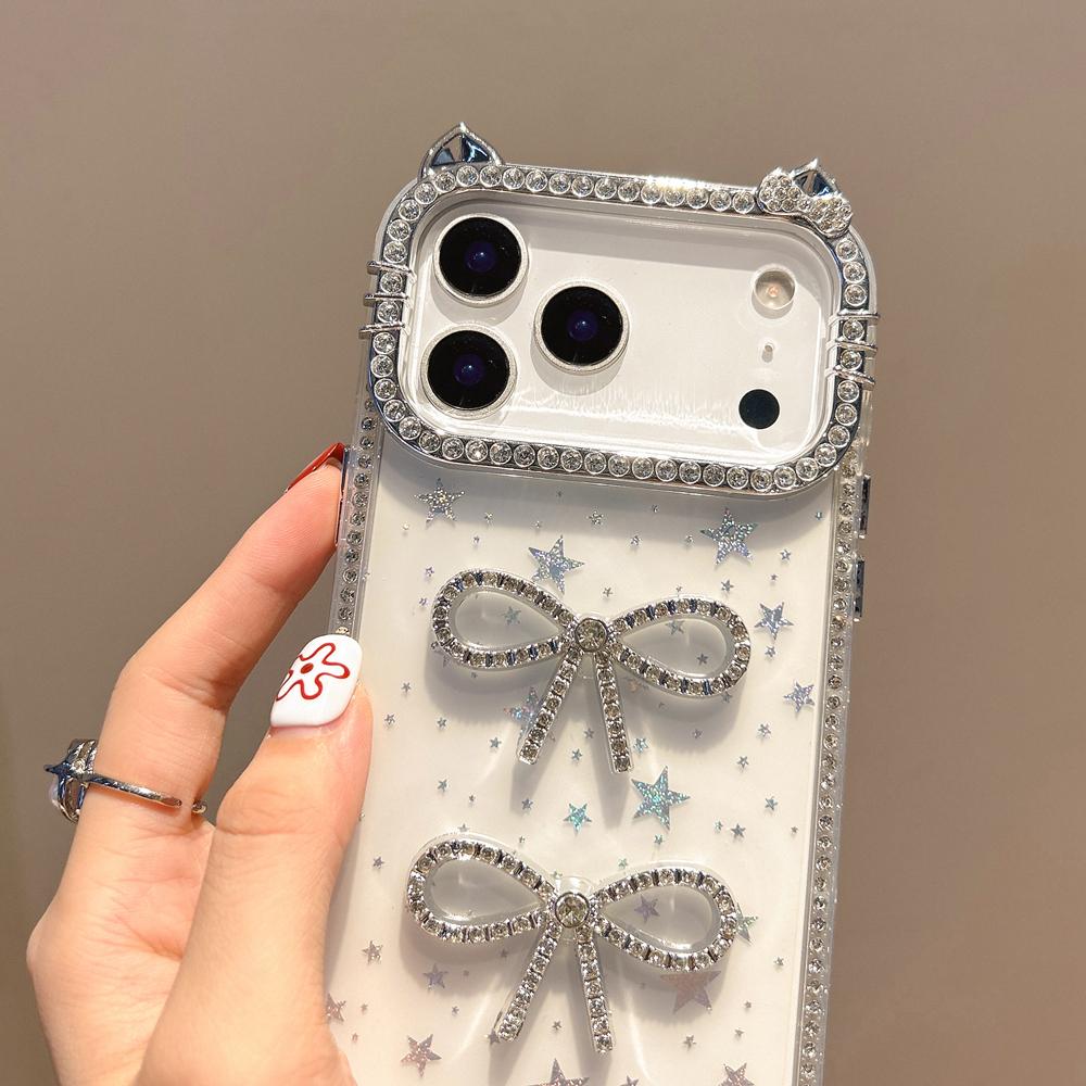 KEYSION Cute 3D Cat Ear Transparent Phone Case for iPhone 14 15 Pro Max 14 15 Plus Glitter Jewelled Bowknot Shockproof Back Cover