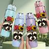 1PC Flower Crown Raccoon 750ml Color Plastic Sports Water Bottle Leakproof Flip Straw Lid Suitable for Sports Office Home Use